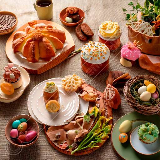 Et klassisk påskebord med søde sager – marcipan, chokoladekager og dekorerede æg. Foto: paaskens_sode_tand.jpg