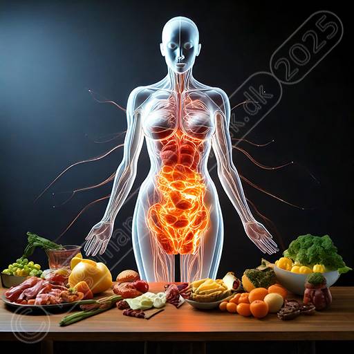 En futuristisk AI-inspireret figur med et synligt fordøjelsessystem. I forgrunden ses et bord med forskellige fødevarer, herunder frugt, grøntsager, kød og mejeriprodukter. Baggrunden er mørk og minimalistisk for at fremhæve figurens energistrømme.